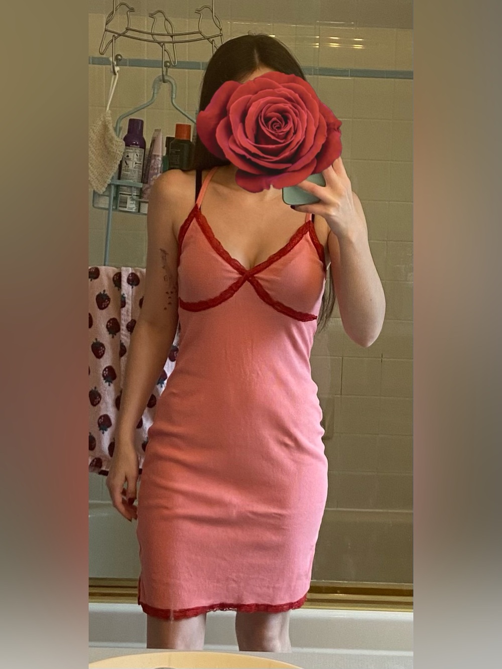 Wild Fable Pink + Red Lace Trim Knit Ribbed Bodycon Mini Dress worn once size M